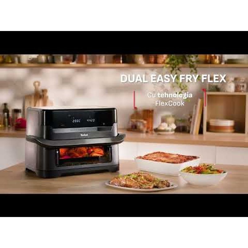 Electronice si Electrocasnice - Electrocasnice bucatarie - Aparate de gatit & desert - Friteuze - Friteuza dubla cu aer cald Tefal Dual Easy Fry Flex EY9228E0, 2700W, 9L, 7 programe, cuva dubla, accesoriu FlexCook - Infinity.ro