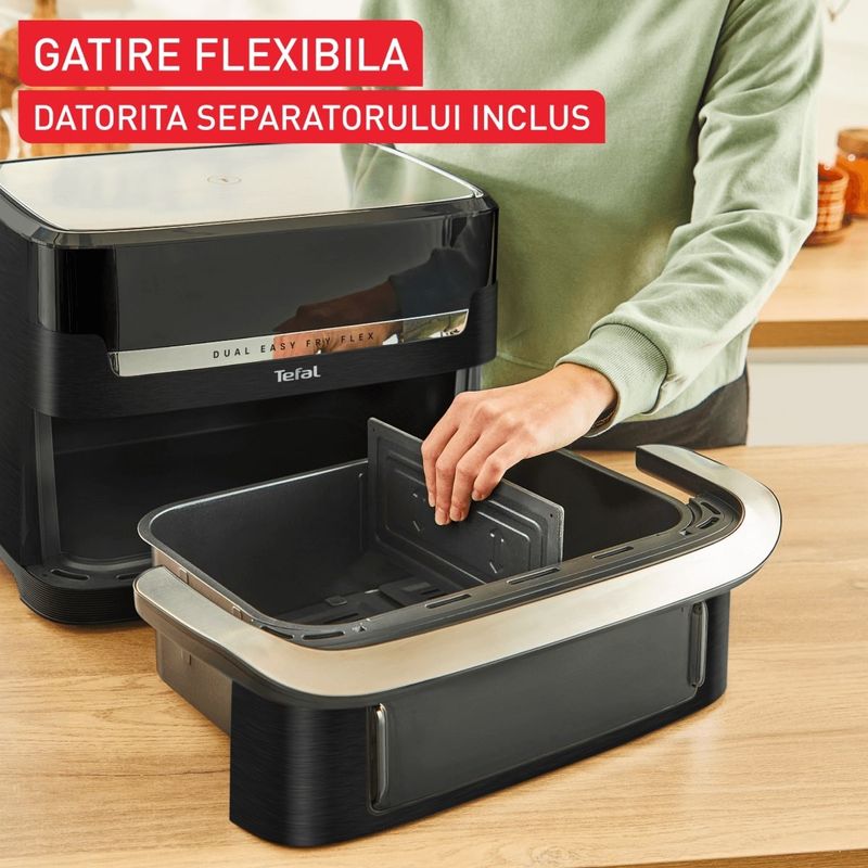 Electronice si Electrocasnice - Electrocasnice bucatarie - Aparate de gatit & desert - Friteuze - Friteuza dubla cu aer cald Tefal Dual Easy Fry Flex EY9228E0, 2700W, 9L, 7 programe, cuva dubla, accesoriu FlexCook - Infinity.ro