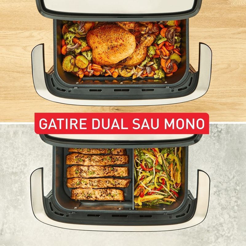Electronice si Electrocasnice - Electrocasnice bucatarie - Aparate de gatit & desert - Friteuze - Friteuza dubla cu aer cald Tefal Dual Easy Fry Flex EY9228E0, 2700W, 9L, 7 programe, cuva dubla, accesoriu FlexCook - Infinity.ro