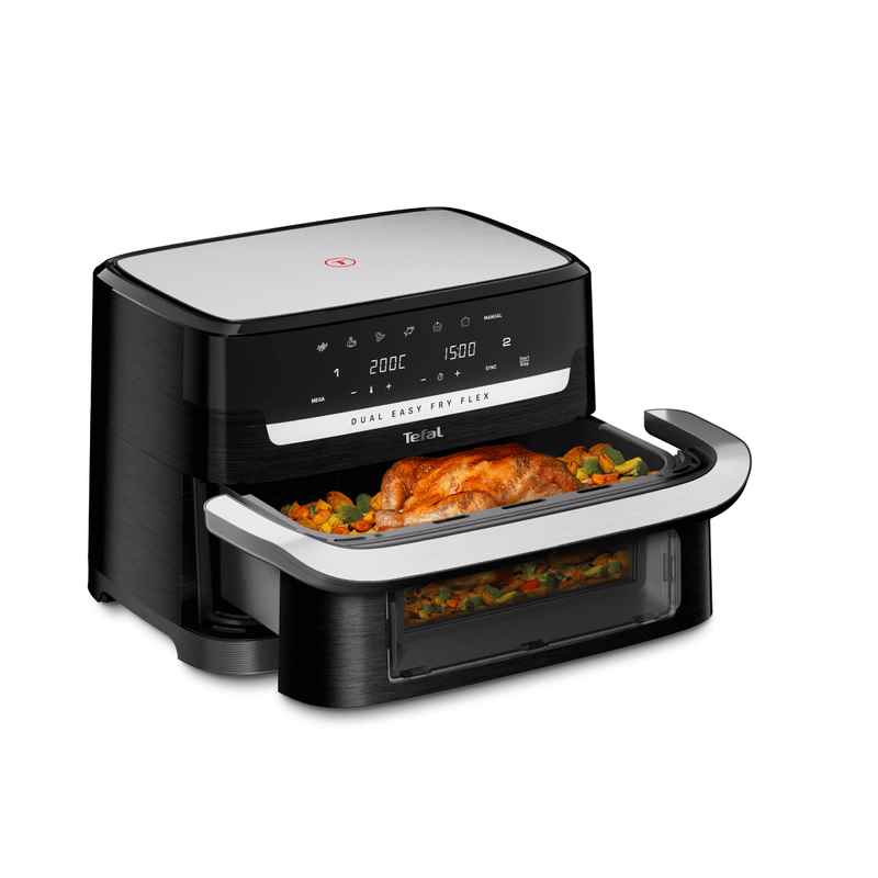 Electronice si Electrocasnice - Electrocasnice bucatarie - Aparate de gatit & desert - Friteuze - Friteuza dubla cu aer cald Tefal Dual Easy Fry Flex EY9228E0, 2700W, 9L, 7 programe, cuva dubla, accesoriu FlexCook - Infinity.ro