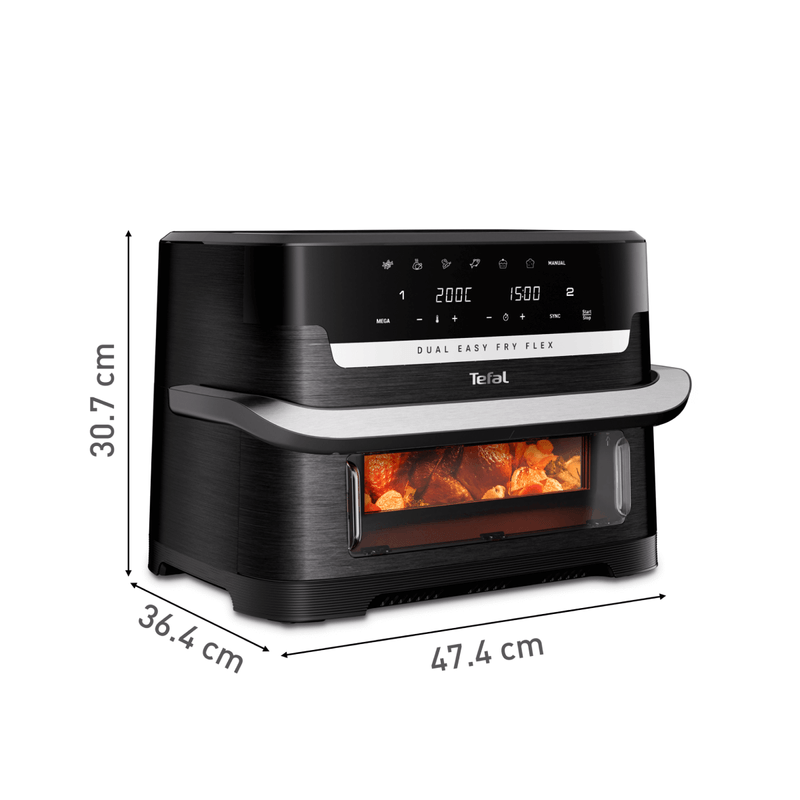 Electronice si Electrocasnice - Electrocasnice bucatarie - Aparate de gatit & desert - Friteuze - Friteuza dubla cu aer cald Tefal Dual Easy Fry Flex EY9228E0, 2700W, 9L, 7 programe, cuva dubla, accesoriu FlexCook - Infinity.ro