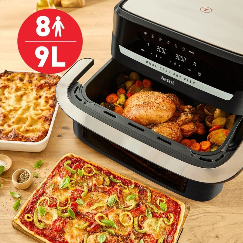 Electronice si Electrocasnice - Electrocasnice bucatarie - Aparate de gatit & desert - Friteuze - Friteuza dubla cu aer cald Tefal Dual Easy Fry Flex EY9228E0, 2700W, 9L, 7 programe, cuva dubla, accesoriu FlexCook - Infinity.ro