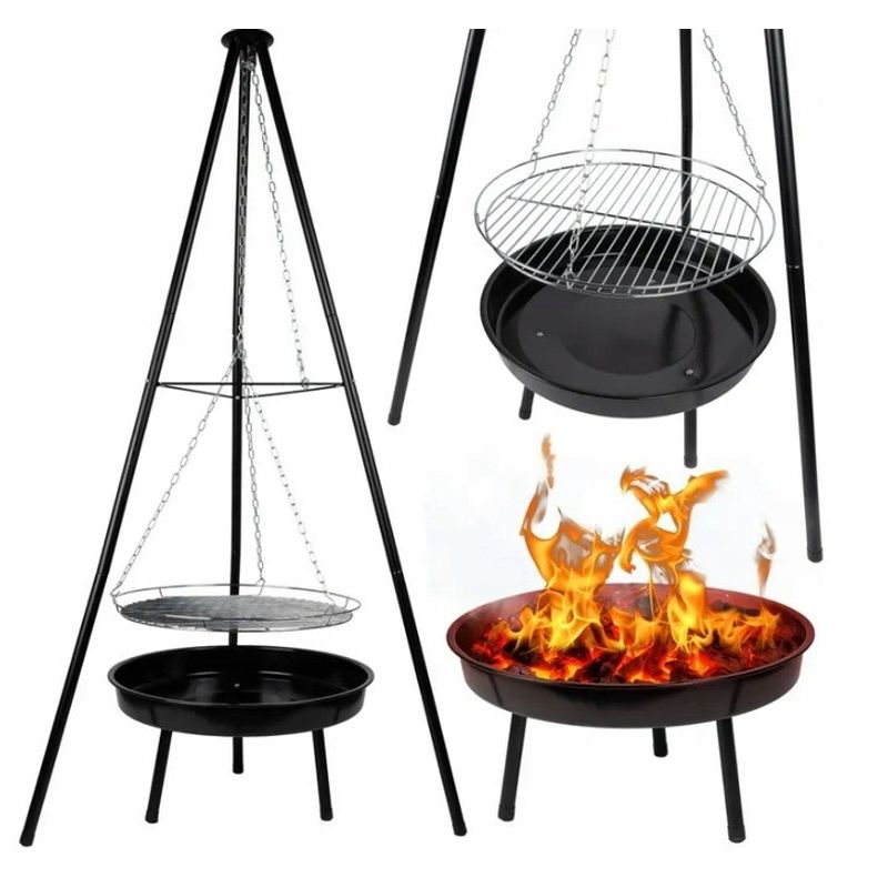 Casa si Gradina - Gradina si terasa - Gratare si accesorii - Gratare de gradina - Gratar metalic, cu trepied si tava de gatire suspendata, reglabil, 147x95cm - Infinity.ro