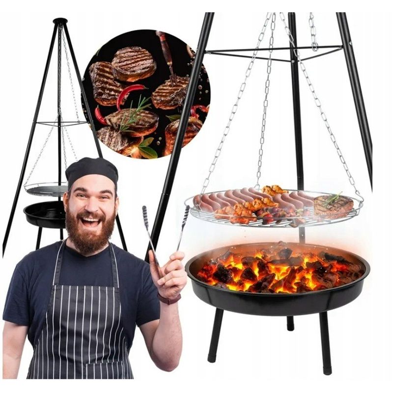 Casa si Gradina - Gradina si terasa - Gratare si accesorii - Gratare de gradina - Gratar metalic, cu trepied si tava de gatire suspendata, reglabil, 147x95cm - Infinity.ro