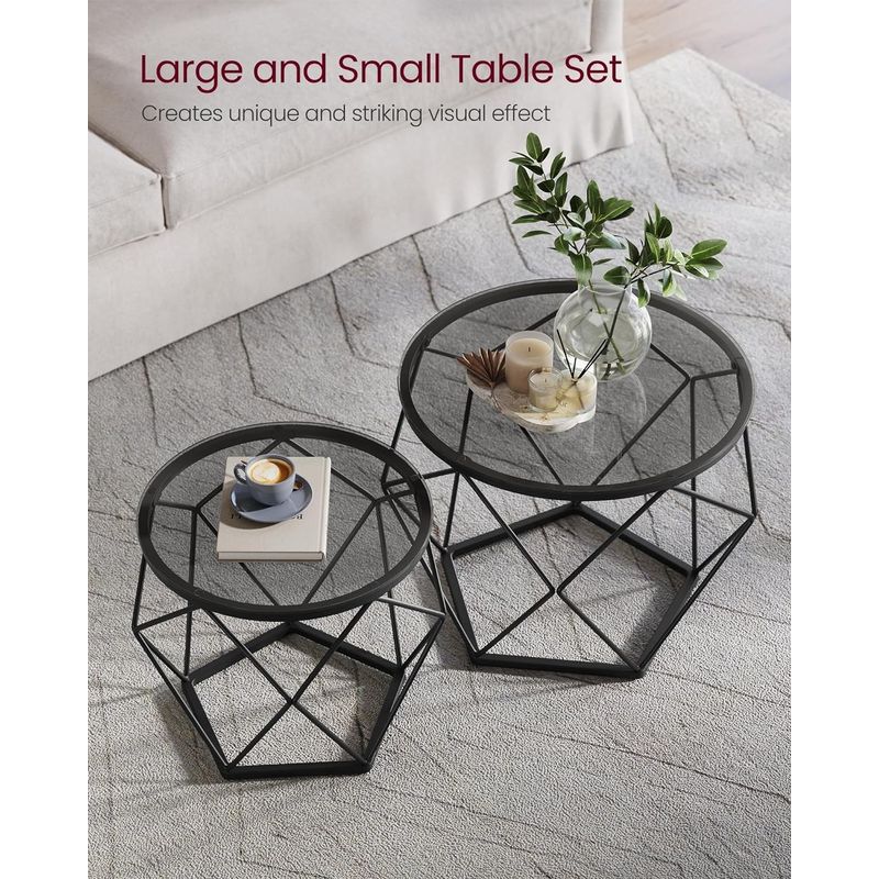 Casa si Gradina - Mobilier - Mese si birouri - Masute de cafea - Set de 2 mese de cafea rotunde, cadru otel si blat detasabil din sticla, 40cm si 50cm, negru - Infinity.ro
