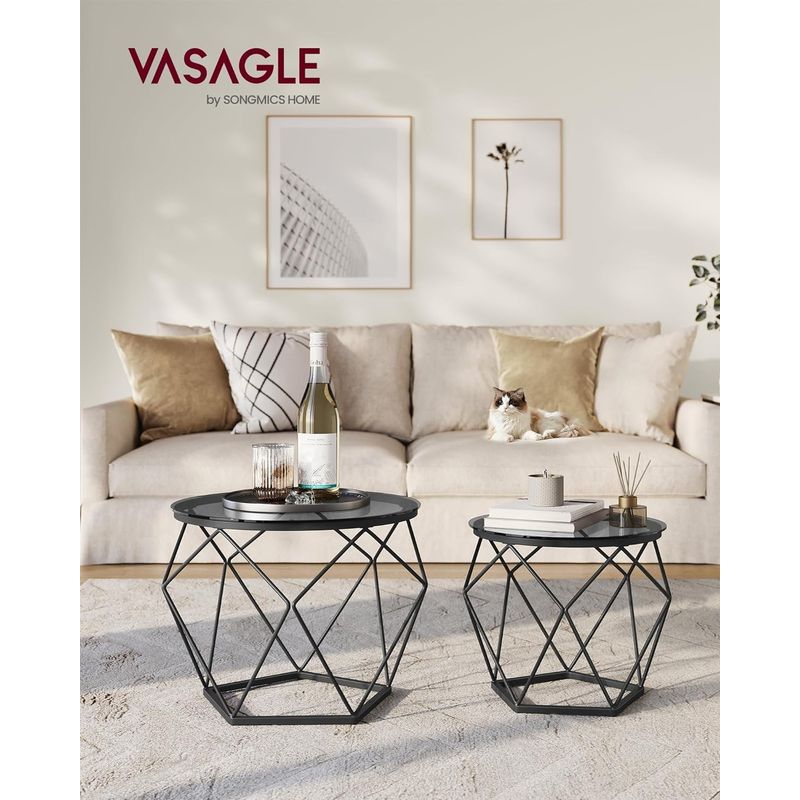 Casa si Gradina - Mobilier - Mese si birouri - Masute de cafea - Set de 2 mese de cafea rotunde, cadru otel si blat detasabil din sticla, 40cm si 50cm, negru - Infinity.ro