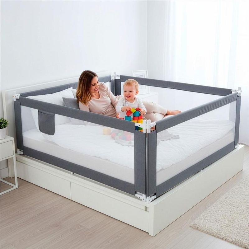 Casa si Gradina - Mobilier - Mobilier copii - Sisteme de siguranta - Bariera siguranta pat copii reglabila inaltime 75-95 cm, 196 cm latime, plasa respirabila, gri - Infinity.ro