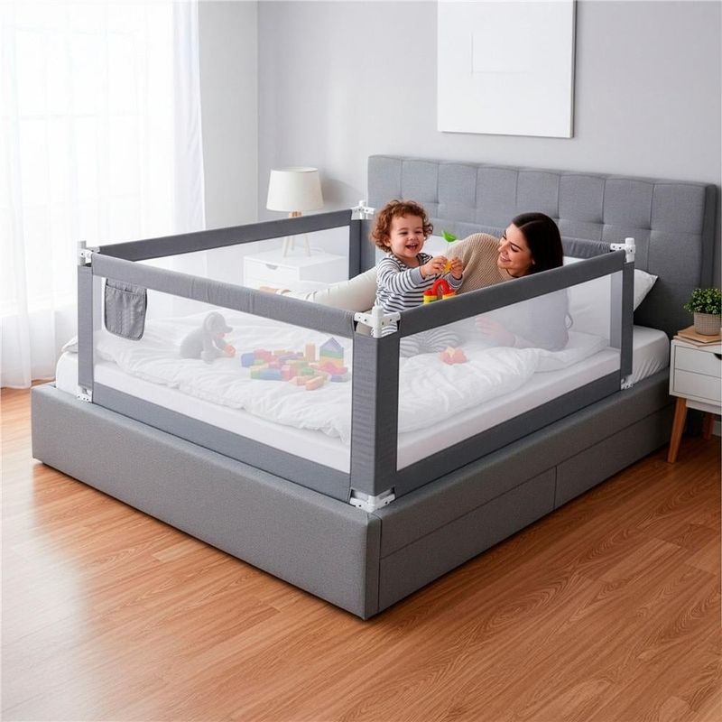 Casa si Gradina - Mobilier - Mobilier copii - Sisteme de siguranta - Bariera siguranta pat copii reglabila inaltime 75-95 cm, 196 cm latime, plasa respirabila, gri - Infinity.ro