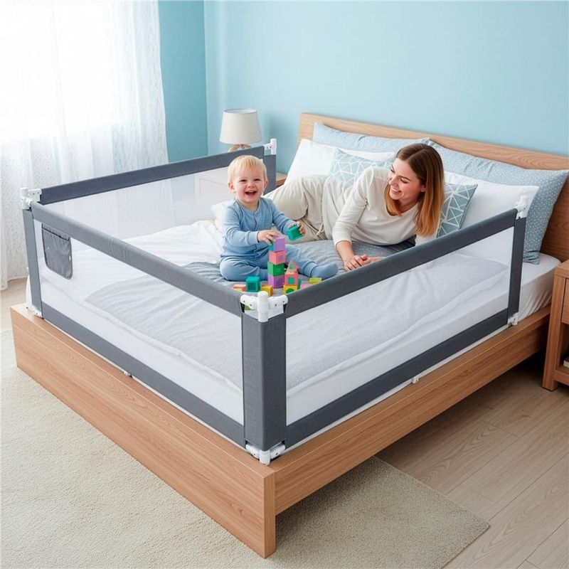 Casa si Gradina - Mobilier - Mobilier copii - Sisteme de siguranta - Bariera siguranta pat copii reglabila inaltime 75-95 cm, 196 cm latime, plasa respirabila, gri - Infinity.ro