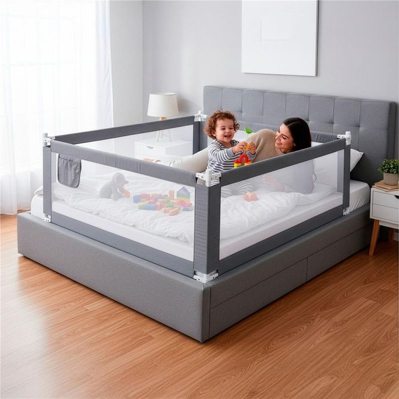Casa si Gradina - Mobilier - Mobilier copii - Sisteme de siguranta - Bariera siguranta pat copii reglabila inaltime 75-95 cm, 158 cm latime, plasa respirabila, gri - Infinity.ro