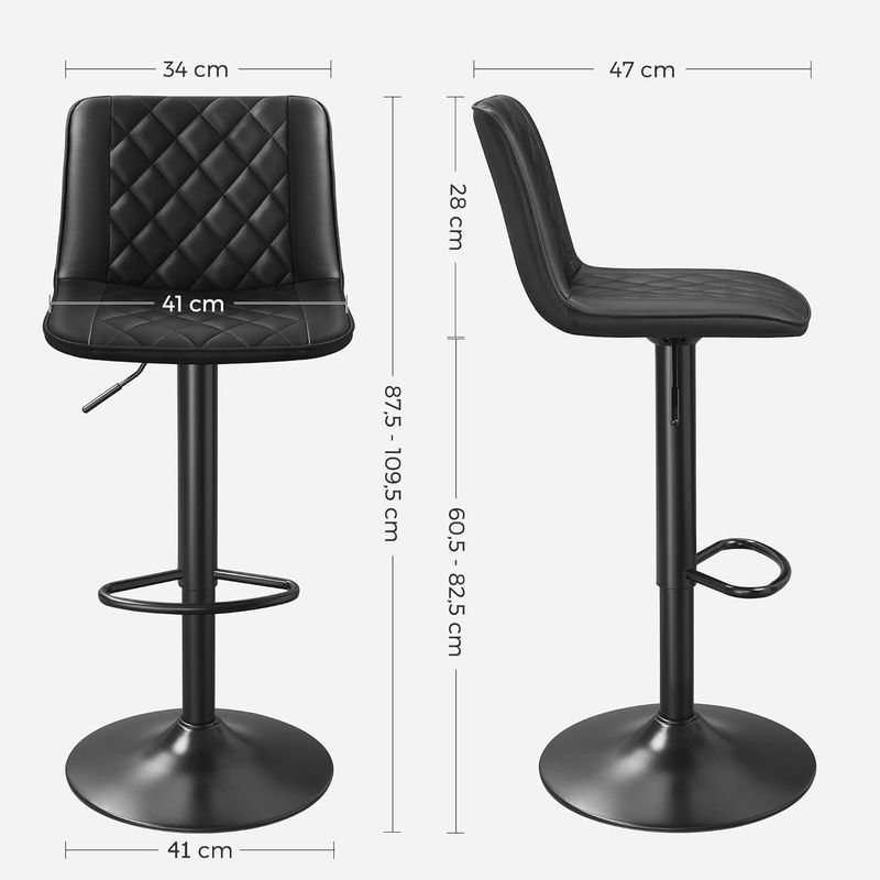 Casa si Gradina - Mobilier - Scaune si fotolii - Scaune - Set de 2 scaune de bar, cu spatar, reglabile in inaltime, tapitat cu PU, 47x51x(89-109)cm, negru - Infinity.ro