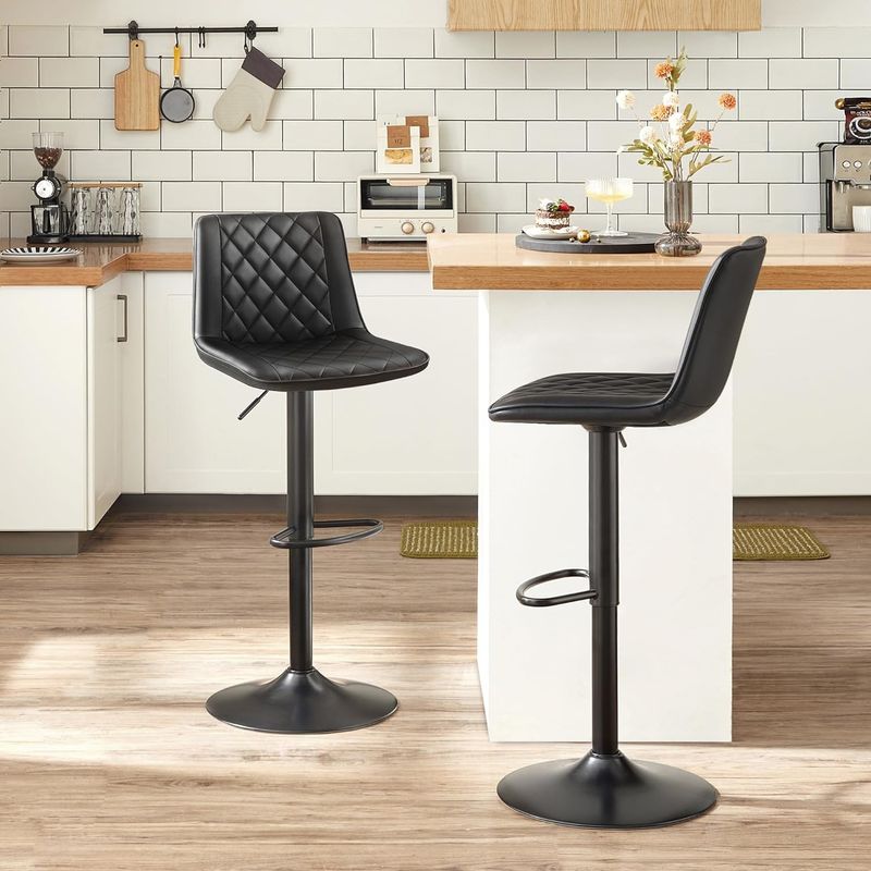 Casa si Gradina - Mobilier - Scaune si fotolii - Scaune - Set de 2 scaune de bar, cu spatar, reglabile in inaltime, tapitat cu PU, 47x51x(89-109)cm, negru - Infinity.ro