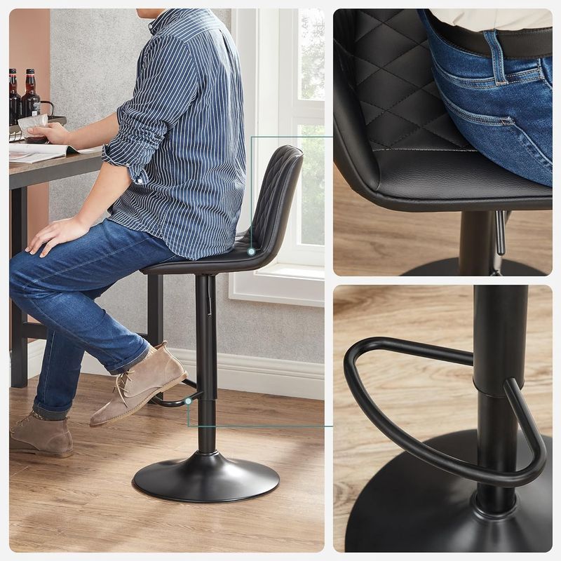 Casa si Gradina - Mobilier - Scaune si fotolii - Scaune - Set de 2 scaune de bar, cu spatar, reglabile in inaltime, tapitat cu PU, 47x51x(89-109)cm, negru - Infinity.ro