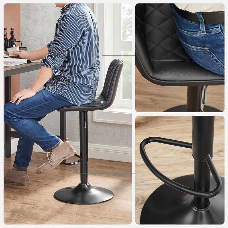 Casa si Gradina - Mobilier - Scaune si fotolii - Scaune - Set de 2 scaune de bar, cu spatar, reglabile in inaltime, tapitat cu PU, 47x51x(89-109)cm, negru - Infinity.ro