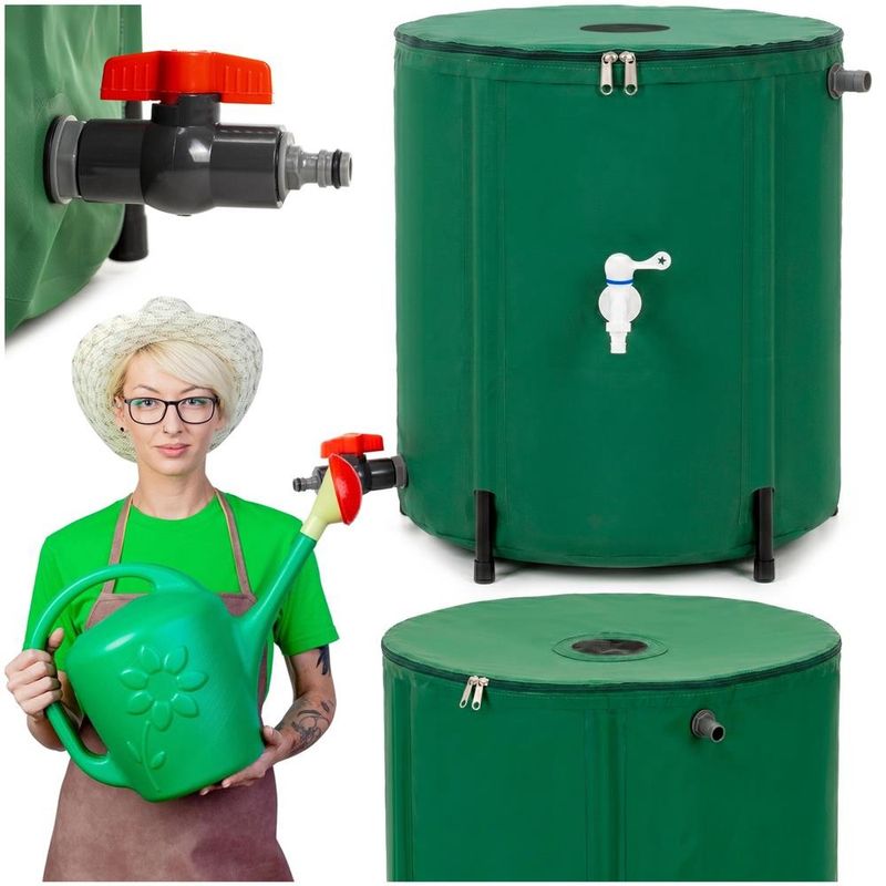 Casa si Gradina - Gradinarit si plante - Instalatii si accesorii pentru irigatii - Accesorii irigare - Rezervor pliabil pentru colectarea apei de ploaie, 100 L, PVC 1000D, cu 2 robinete si sistem preaplin, verde - Infinity.ro