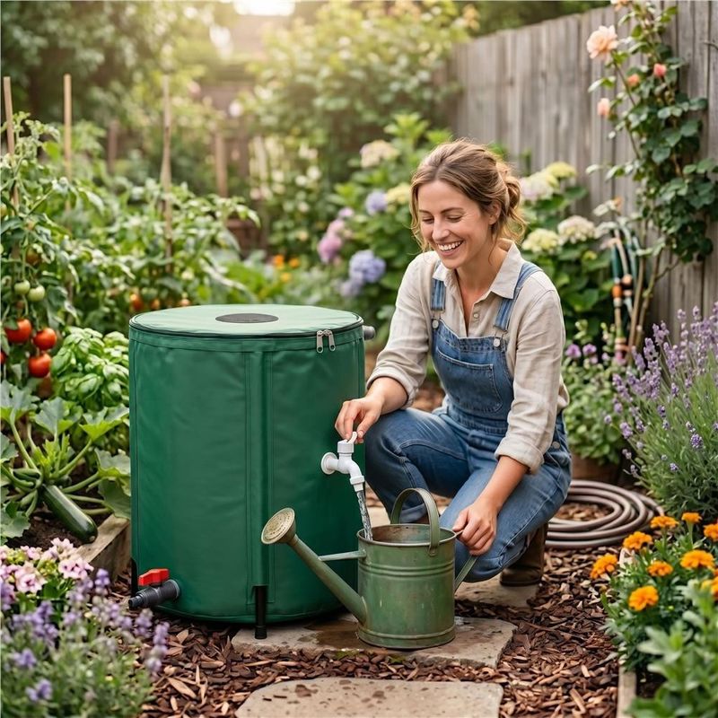 Casa si Gradina - Gradinarit si plante - Instalatii si accesorii pentru irigatii - Accesorii irigare - Rezervor pliabil pentru colectarea apei de ploaie, 100 L, PVC 1000D, cu 2 robinete si sistem preaplin, verde - Infinity.ro