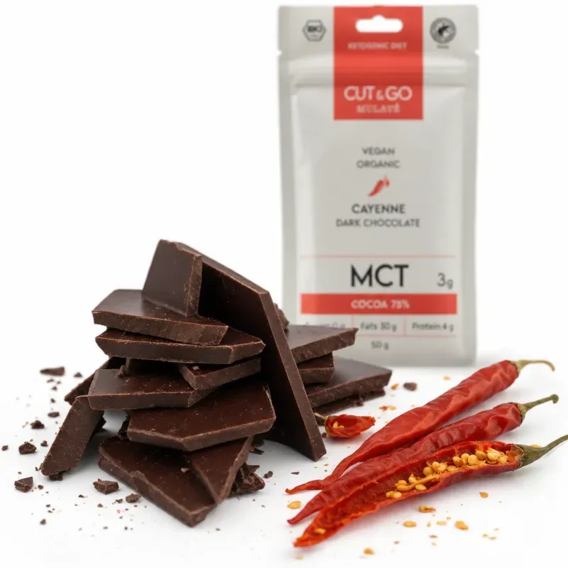 Market - Bacanie - Produse dietetice si naturiste - Ciocolata Cut&go BIO neagra, MCT si cayenne, Mulate, fara zahar, 50g - Infinity.ro