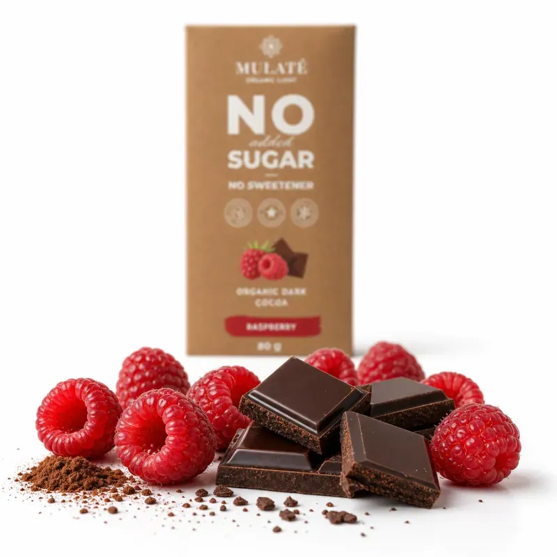 Market - Bacanie - Produse dietetice si naturiste - Ciocolata neagra vegana BIO cu zmeura si cacao nibs, Mulate, fara zahar, 80g - Infinity.ro