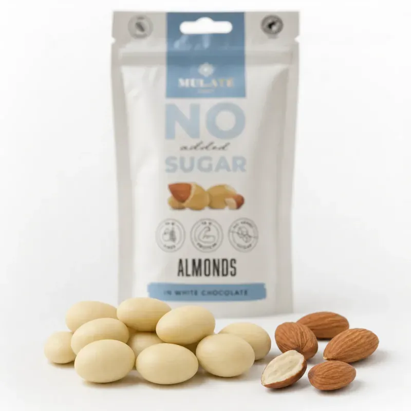 Market - Bacanie - Dulciuri - Ciocolata - Migdale in ciocolata alba BIO Mulate, fara zahar, 90g - Infinity.ro