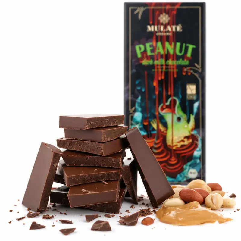 Market - Bacanie - Dulciuri - Ciocolata - Ciocolata neagra cu lapte BIO cu unt de arahide, Mulate, 80g - Infinity.ro