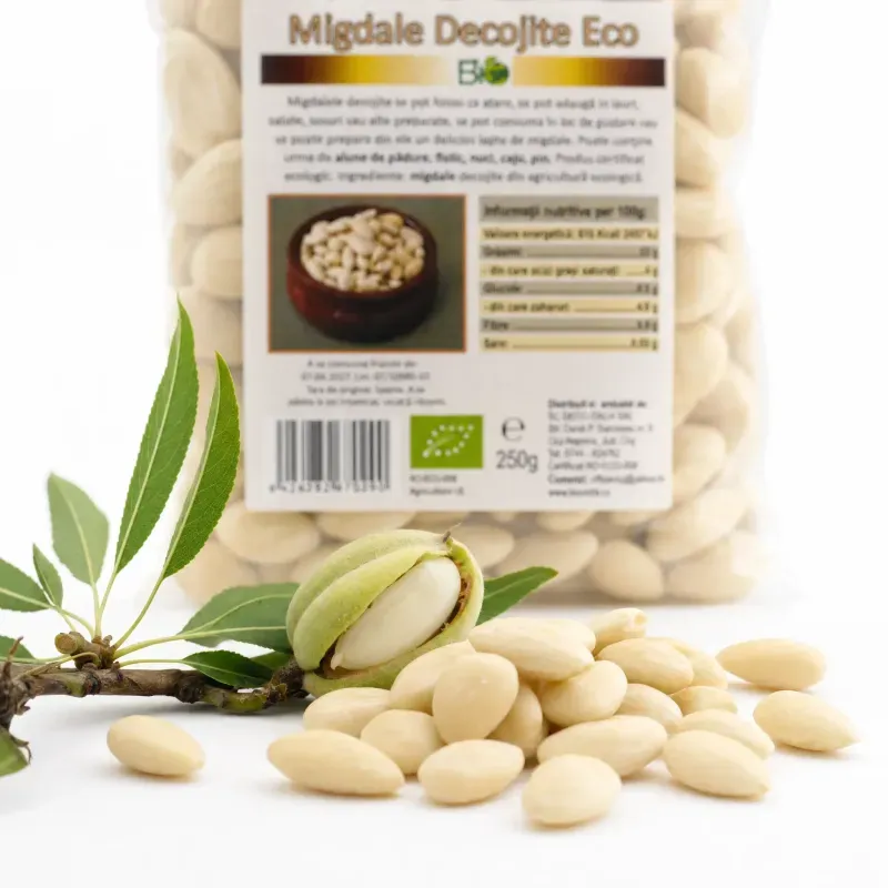 Market - Bacanie - Chipsuri si snacksuri - Alune, fistic si mixuri - Migdale decojite crude albe RAW BIO, 250g - Infinity.ro