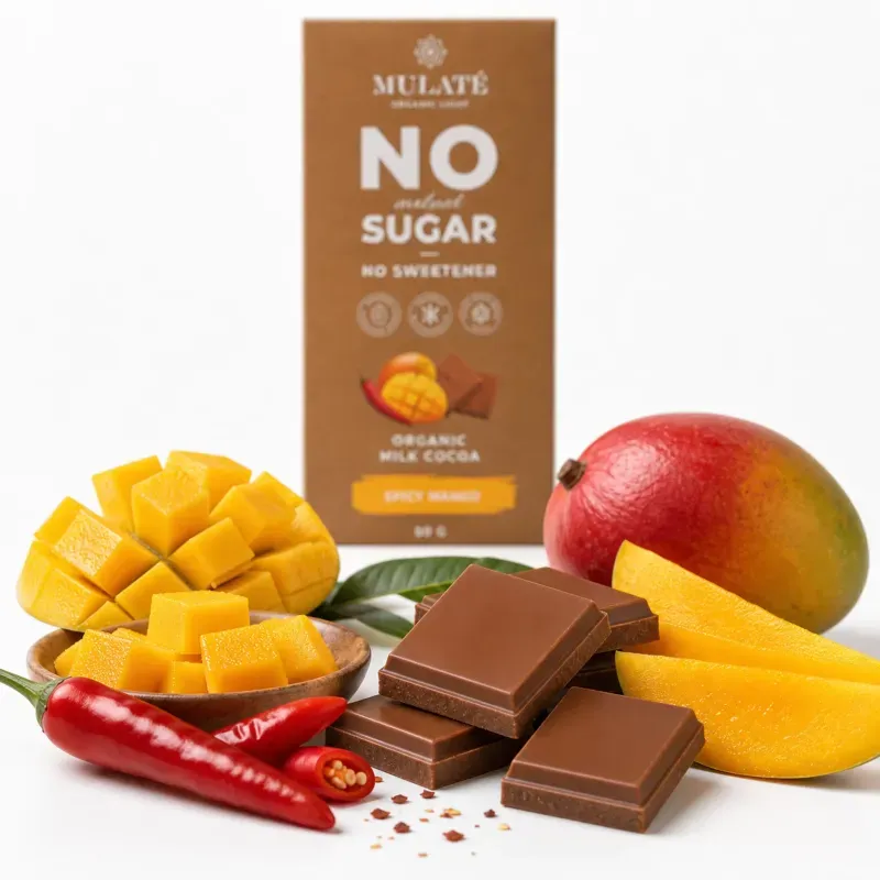 Market - Bacanie - Dulciuri - Ciocolata - Ciocolata BIO cu lapte, mango si piper cayenne, Mulate, fara zahar, 80g - Infinity.ro