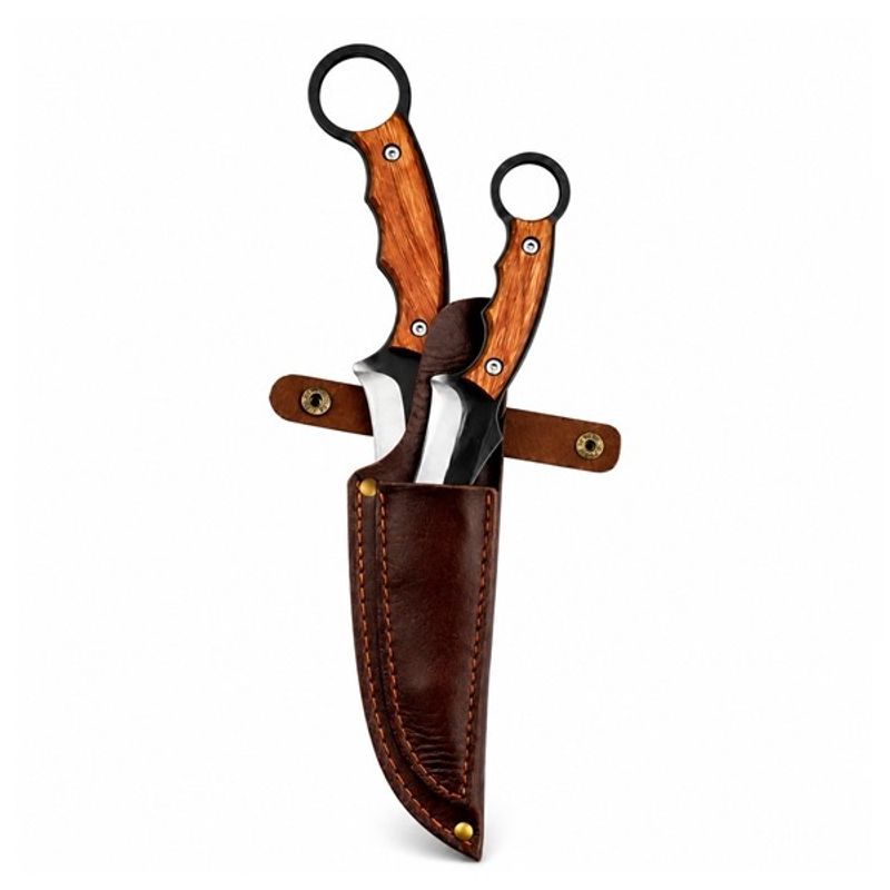 Sport si Outdoor - Camping - Cutite, bricege si accesorii - Cutite si bricege - Set doua cutite supravietuire DEPOX®, lama din otel inoxidabil, maner din lemn, teaca piele naturala, 27 cm/20 cm - Infinity.ro