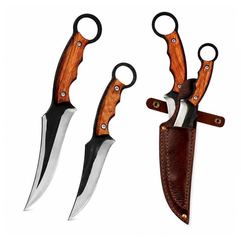 Sport si Outdoor - Camping - Cutite, bricege si accesorii - Cutite si bricege - Set doua cutite supravietuire DEPOX®, lama din otel inoxidabil, maner din lemn, teaca piele naturala, 27 cm/20 cm - Infinity.ro