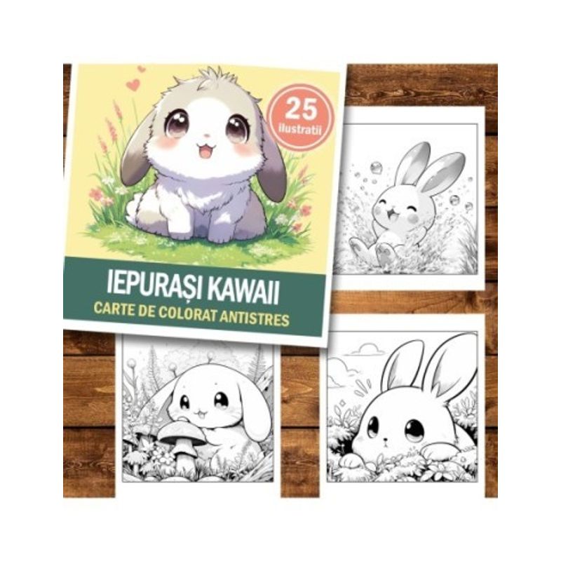 Carti si Birotica - Carti - Carti pentru copii - Carti de colorat - Carte de colorat antistres , 25 de ilustratii Iepurasi Kawaii, 56 pagini, A5 - Infinity.ro