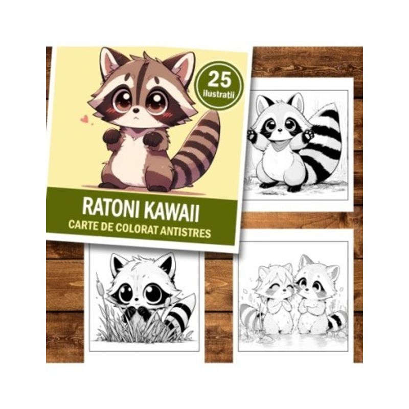 Carti si Birotica - Carti - Carti pentru copii - Carti de colorat - Carte de colorat antistres , 25 de ilustratii Ratoni Kawaii, 56 pagini, A5 - Infinity.ro