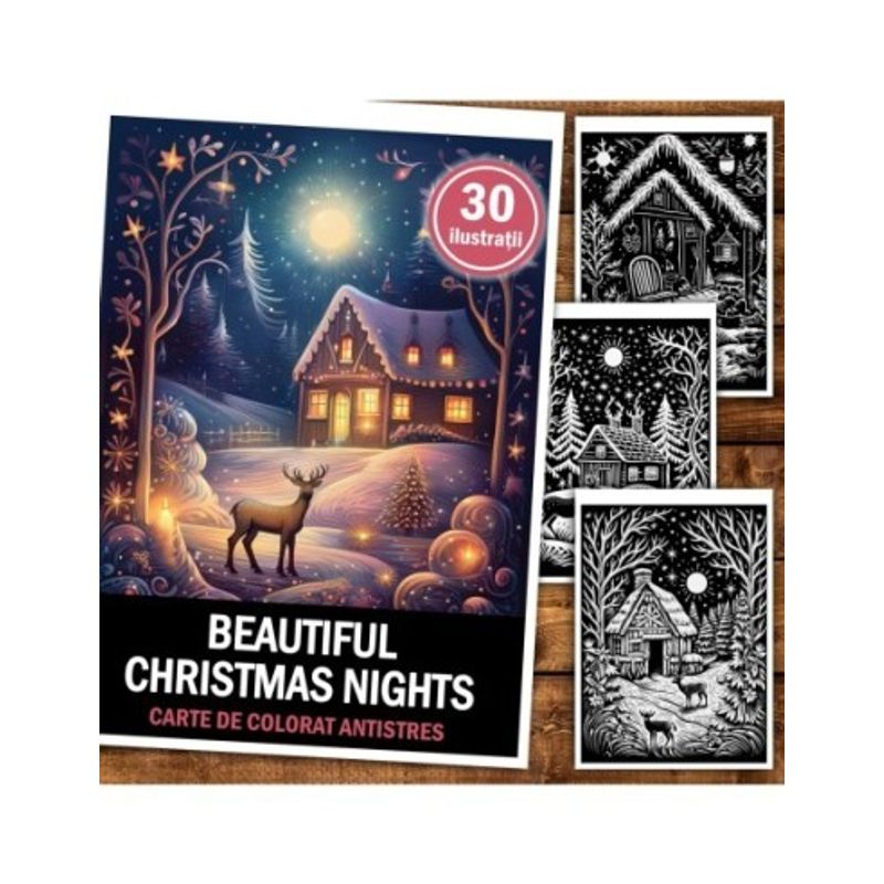 Carti si Birotica - Carti - Carti pentru copii - Carti de colorat - Carte de colorat antistres , 30 de ilustratii Beautiful Christmas Nights, 66 pagini, A5 - Infinity.ro