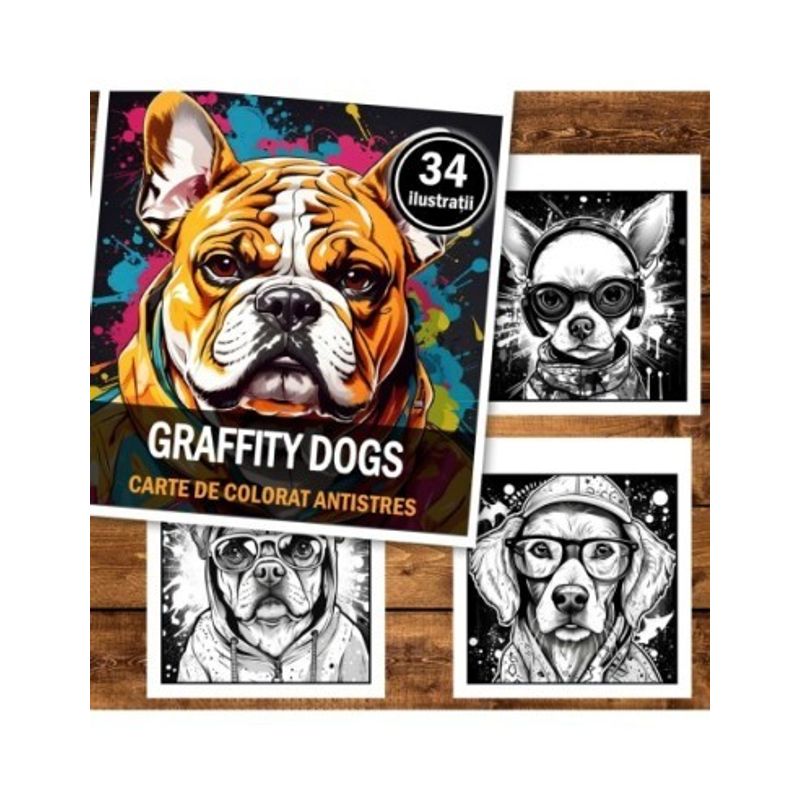 Carti si Birotica - Carti - Carti pentru copii - Carti de colorat - Carte de colorat antistres , 34 de ilustratii Graffity Dogs, 74 pagini, A5 - Infinity.ro