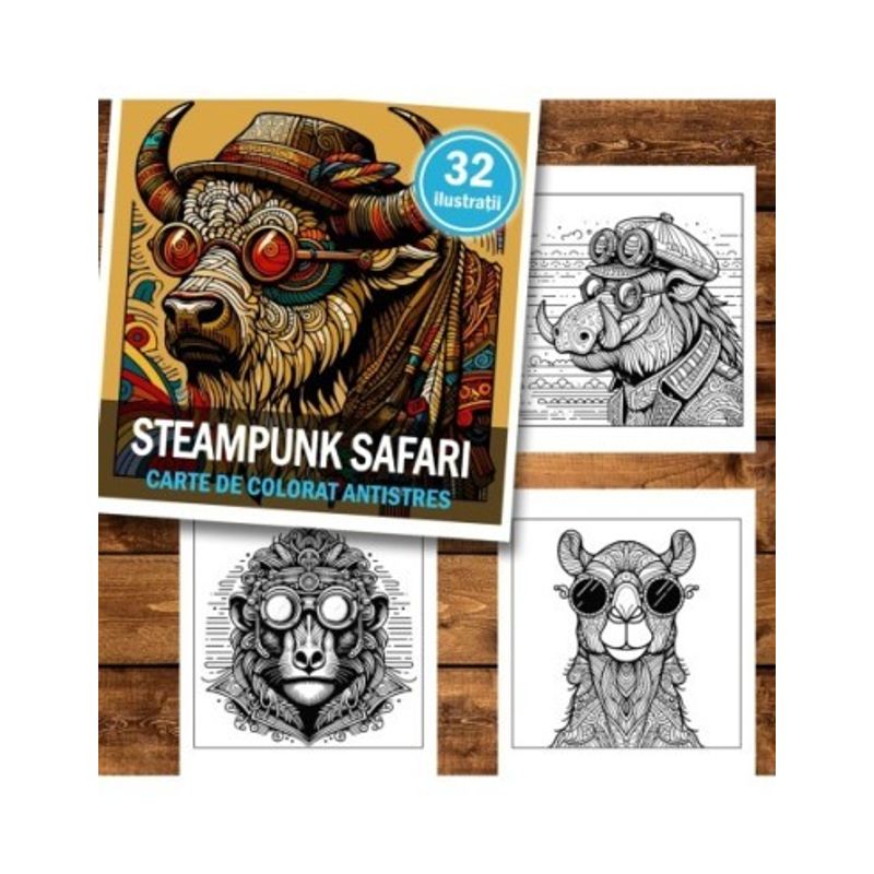 Carti si Birotica - Carti - Carti pentru copii - Carti de colorat - Carte de colorat antistres , 32 de ilustratii Steampunk Safari, 70 pagini, A5 - Infinity.ro