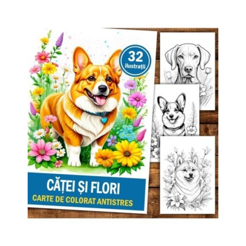 Carti si Birotica - Carti - Carti pentru copii - Carti de colorat - Carte de colorat antistres , 32 de ilustratii Catei si Flori, 70 pagini, A5 - Infinity.ro
