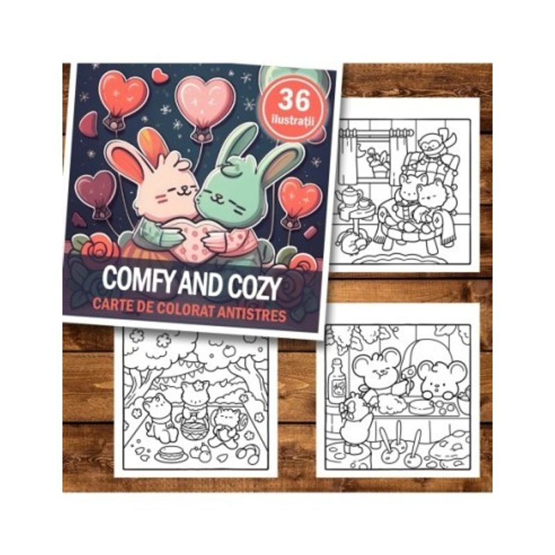 Carti si Birotica - Carti - Carti pentru copii - Carti de colorat - Carte de colorat antistres , 36 de ilustratii Comfy and Cozy, 78 pagini, A5 - Infinity.ro
