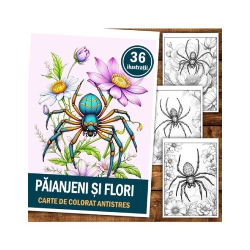 Carti si Birotica - Carti - Carti pentru copii - Carti de colorat - Carte de colorat antistres , 36 de ilustratii Paianjeni si Flori, 78 pagini, A5 - Infinity.ro