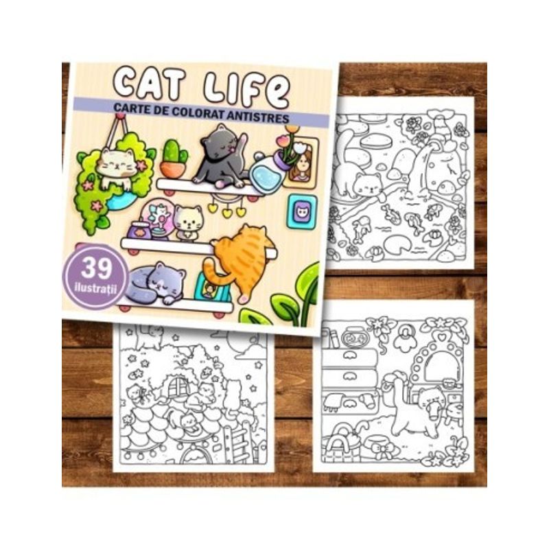 Carti si Birotica - Carti - Carti pentru copii - Carti de colorat - Carte de colorat antistres , 39 de ilustratii Cat Life, 84 pagini, A5 - Infinity.ro