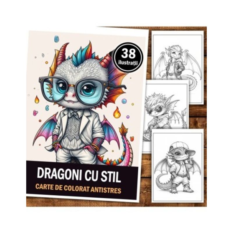 Carti si Birotica - Carti - Carti pentru copii - Carti de colorat - Carte de colorat antistres , 38 de ilustratii Dragoni cu stil, 84 pagini, A5 - Infinity.ro