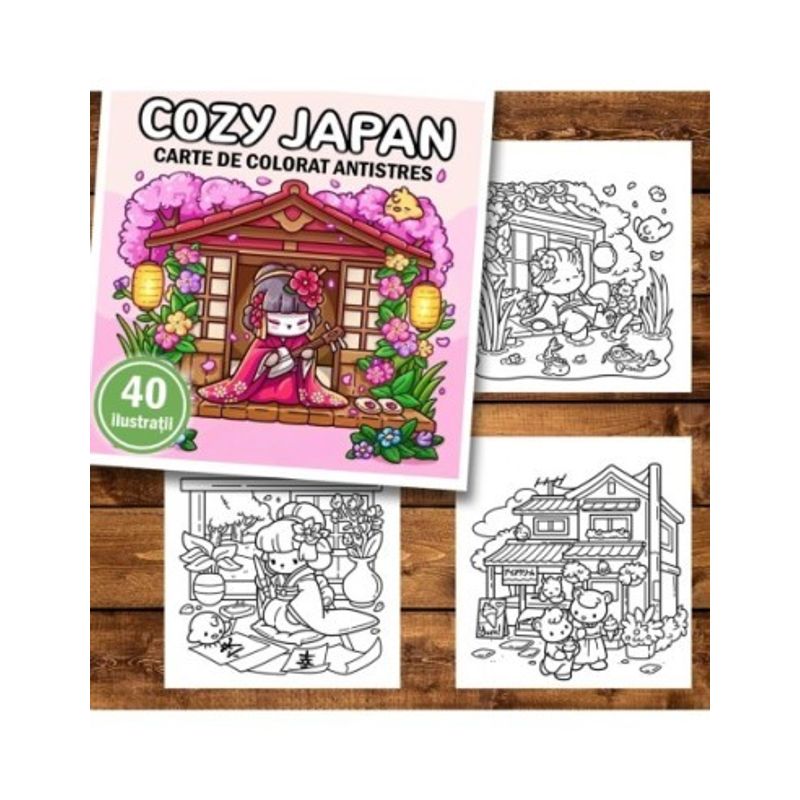 Carti si Birotica - Carti - Carti pentru copii - Carti de colorat - Carte de colorat antistres , 40 de ilustratii Cozy Japan, 86 pagini, A5 - Infinity.ro
