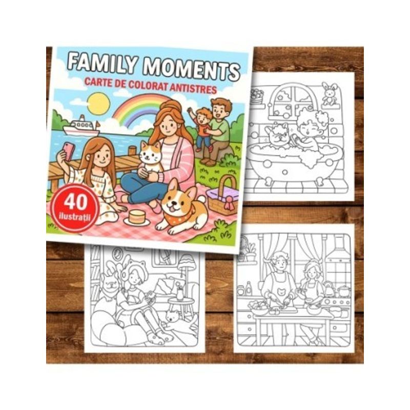 Carti si Birotica - Carti - Carti pentru copii - Carti de colorat - Carte de colorat antistres , 40 de ilustratii Family Moments, 86 pagini, A5 - Infinity.ro