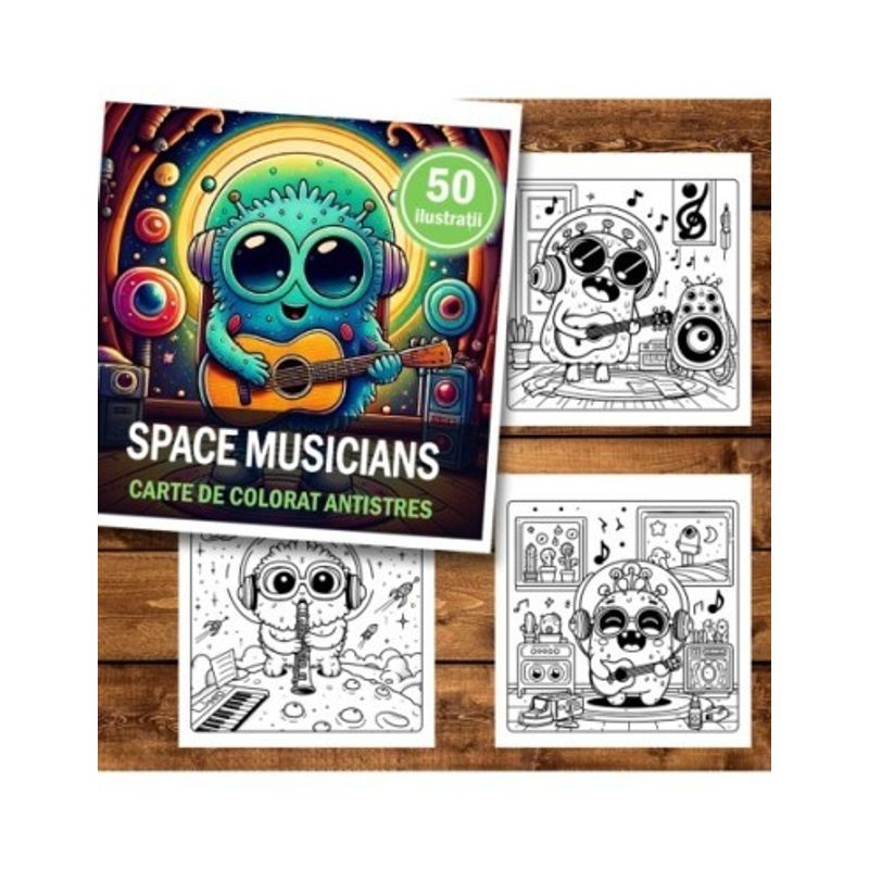 Carti si Birotica - Carti - Carti pentru copii - Carti de colorat - Carte de colorat antistres , 50 de ilustratii Adorable Space Musicians, 106 pagini, A5 - Infinity.ro