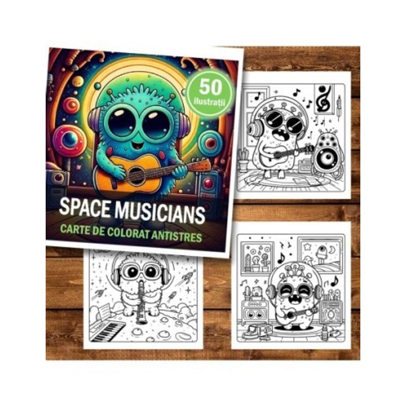 Carti si Birotica - Carti - Carti pentru copii - Carti de colorat - Carte de colorat antistres , 50 de ilustratii Adorable Space Musicians, 106 pagini, A5 - Infinity.ro