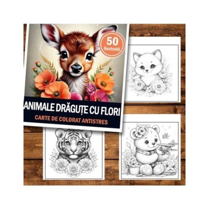 Carti si Birotica - Carti - Carti pentru copii - Carti de colorat - Carte de colorat antistres , 50 de ilustratii Animalute Dragute cu Flori, 106 pagini, A5 - Infinity.ro