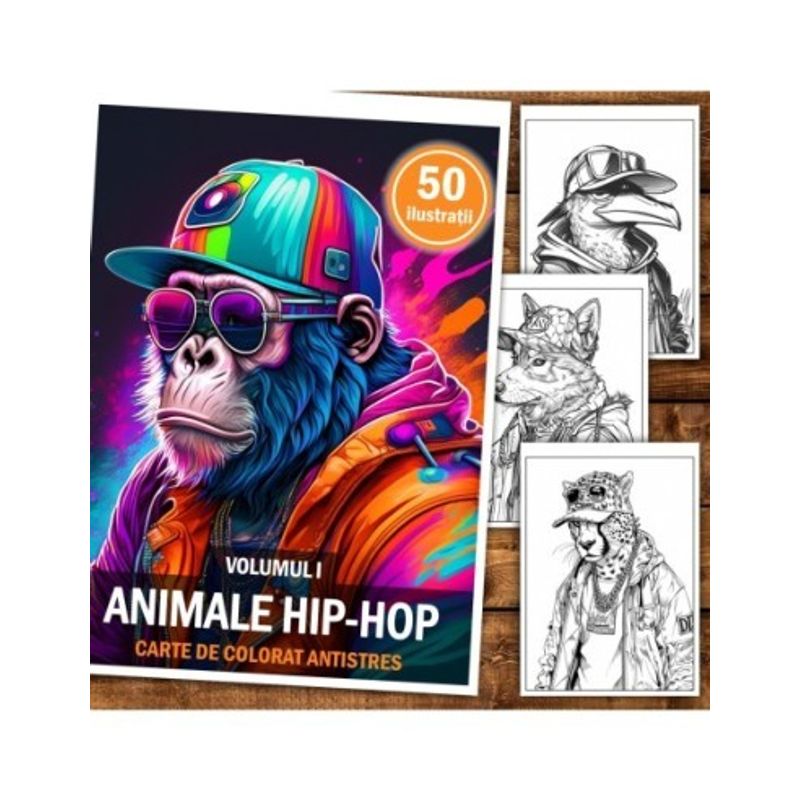 Carti si Birotica - Carti - Carti pentru copii - Carti de colorat - Carte de colorat antistres , 50 de ilustratii Animale Hip-Hop - Volumul I, 106 pagini, A5 - Infinity.ro