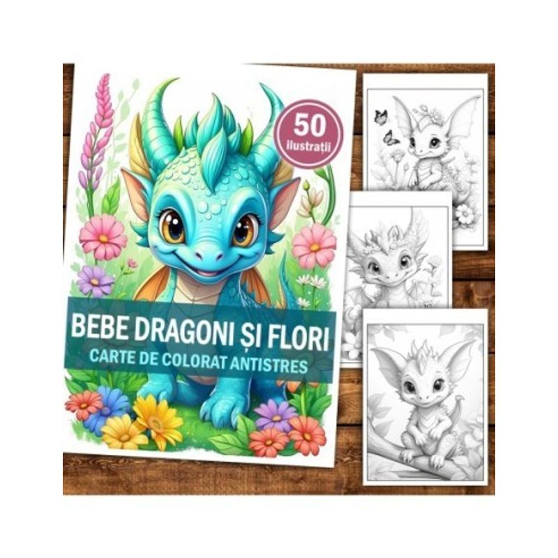 Carti si Birotica - Carti - Carti pentru copii - Carti de colorat - Carte de colorat antistres , 50 de ilustratii Bebe Dragoni si Flori, 106 pagini, A5 - Infinity.ro