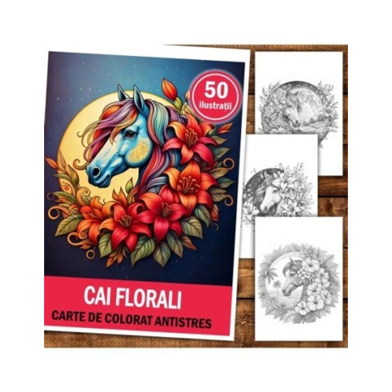 Carti si Birotica - Carti - Carti pentru copii - Carti de colorat - Carte de colorat antistres , 50 de ilustratii Cai Florali, 106 pagini, A5 - Infinity.ro