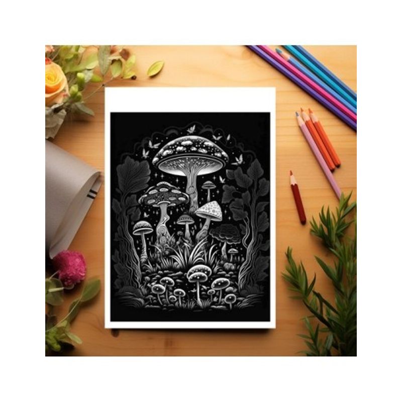 Carti si Birotica - Carti - Carti pentru copii - Carti de colorat - Carte de colorat antistres , 50 de ilustratii Ciuperci cu fundal negru, 106 pagini, A5 - Infinity.ro