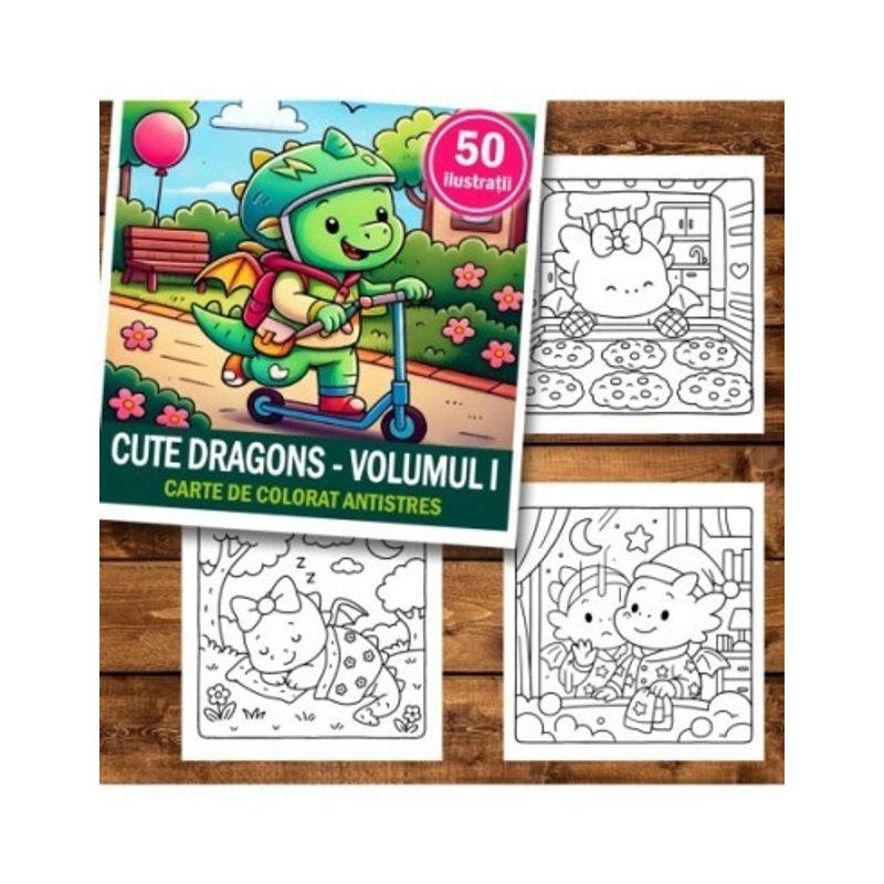 Carti si Birotica - Carti - Carti pentru copii - Carti de colorat - Carte de colorat antistres , 50 de ilustratii Cute Dragons - Volumul I, 106 pagini, A5 - Infinity.ro