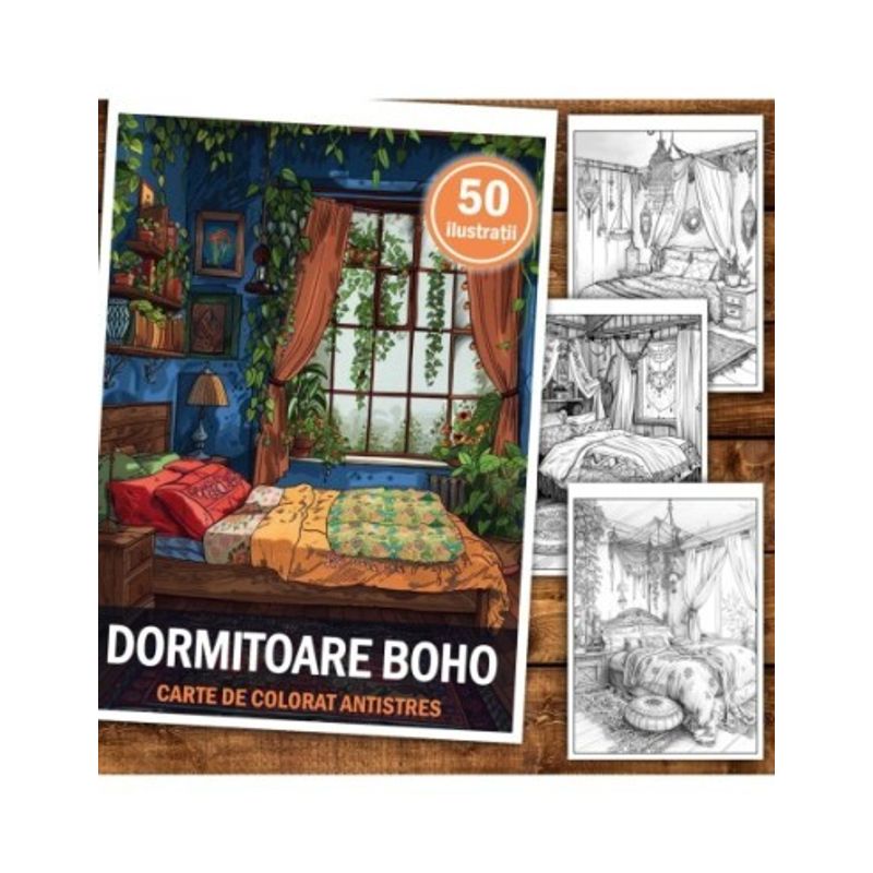 Carti si Birotica - Carti - Carti pentru copii - Carti de colorat - Carte de colorat antistres , 50 de ilustratii Dormitoare Boho, 106 pagini, A5 - Infinity.ro