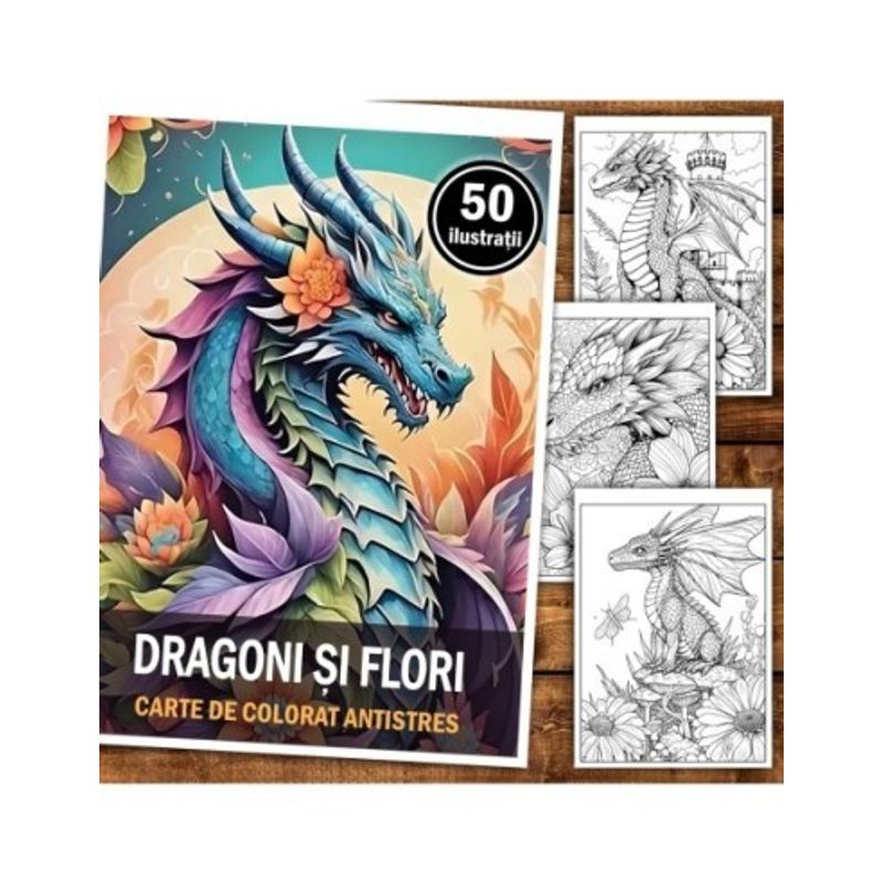 Carti si Birotica - Carti - Carti pentru copii - Carti de colorat - Carte de colorat antistres , 50 de ilustratii Dragoni si Flori, 106 pagini, A5 - Infinity.ro